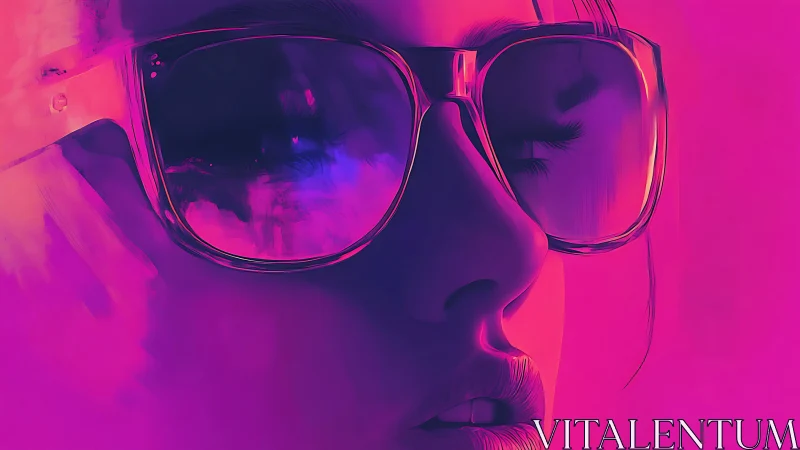 Neon-lit portrait in magenta glow with reflective shades.