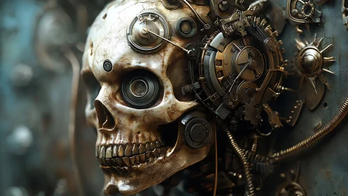Cybernetic skull fused with complex mechanical components