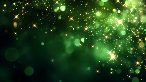 Green bokeh starlight field with glowing golden sparks.
