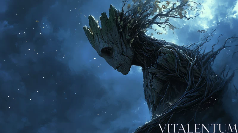 Arboreal humanoid silhouette rendered in high-contrast moonlit haze