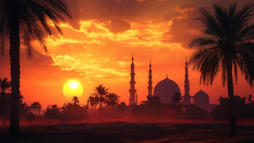 Desert mosque silhouette under intense orange sunset sky