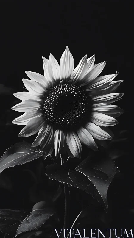 Sunflower head with radiating petals in monochrome.