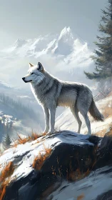 White wolf stands on snowy rock facing distant mountain peaks