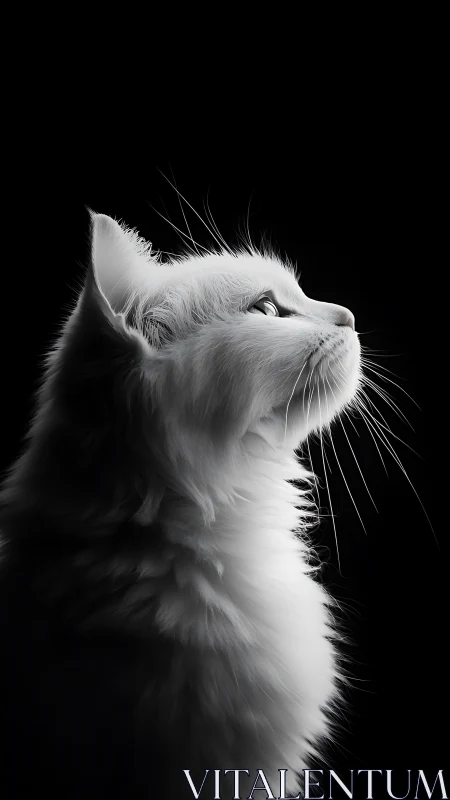 White Cat Portrait Against Black Background