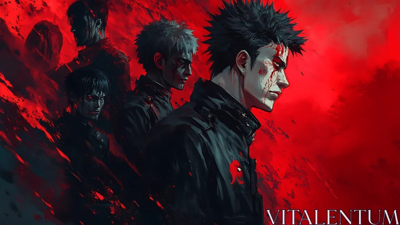 Four male figures in dark uniforms against red background.