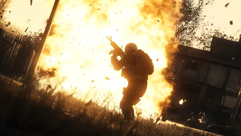 Backlit soldier silhouette framed by high-intensity urban explosion