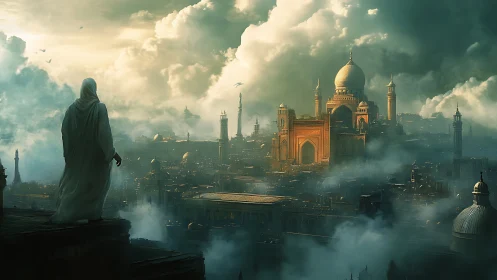 Misty golden citadel watched from a lonely rooftop ledge.