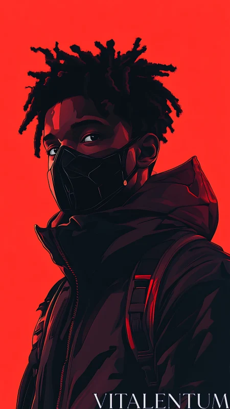 Masked urban portrait on vivid red background, vector stylized