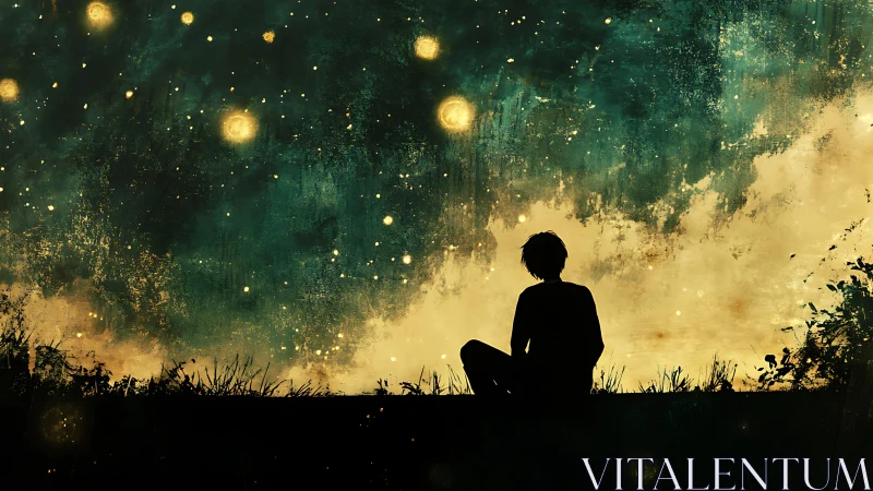 Silhouetted observer under luminant particulate skyfield.