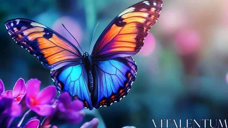 Butterfly with multicolored wings above pink flowers in focus.