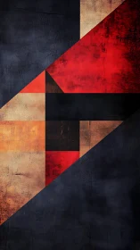 Bold geometric abstract with red, gold and dark forms.