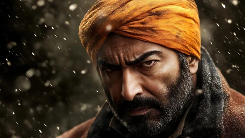 Bearded man in orange turban amid falling snowflakes.