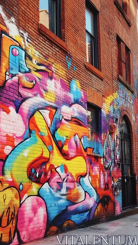 Explosive urban graffiti transforms a brick alley wall completely.