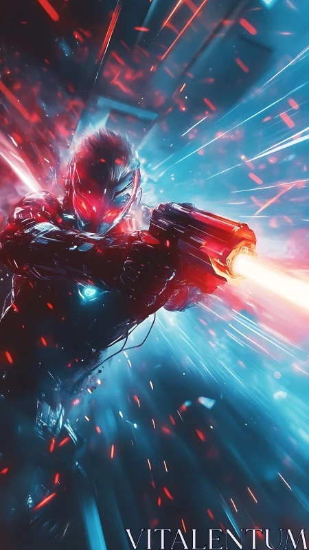 Armored cybernetic warrior charges through neon firefight