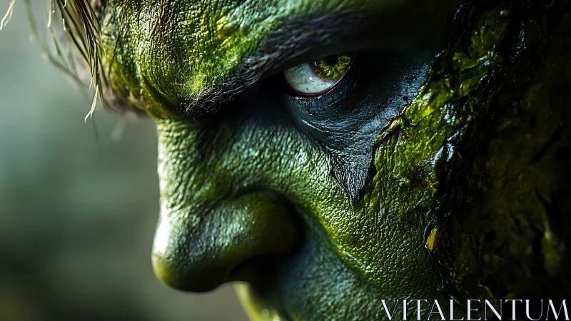 Storm-green gaze of a fierce, moss skinned guardian.