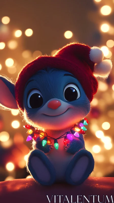 Tiny blue holiday critter glows beneath twinkling lights