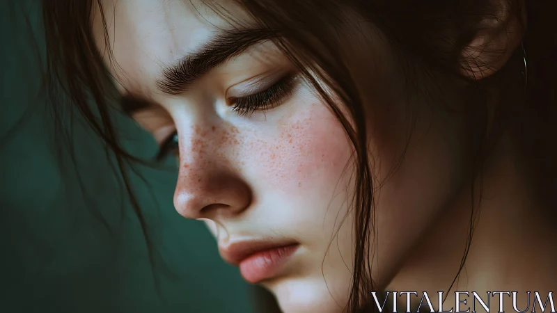 Melancholic freckled portrait in soft teal side lighting.