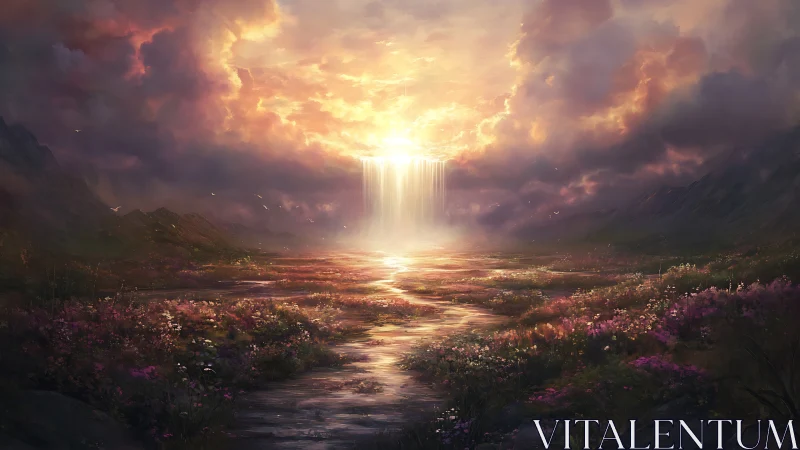 Radiant celestial waterfall illuminates vast blossom valley