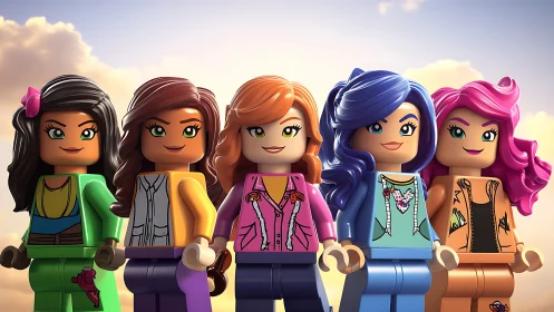 3D character lineup of stylized LEGO-inspired female figures.