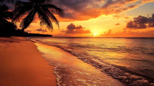 Sun sets over tropical beach with palm tree foreground