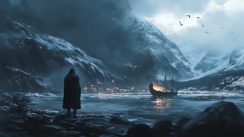 Winter fjord farewell with a lone watcher and burning ship.
