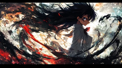 Vortex-bound anime heroine amid turbulent chromatic energy field.