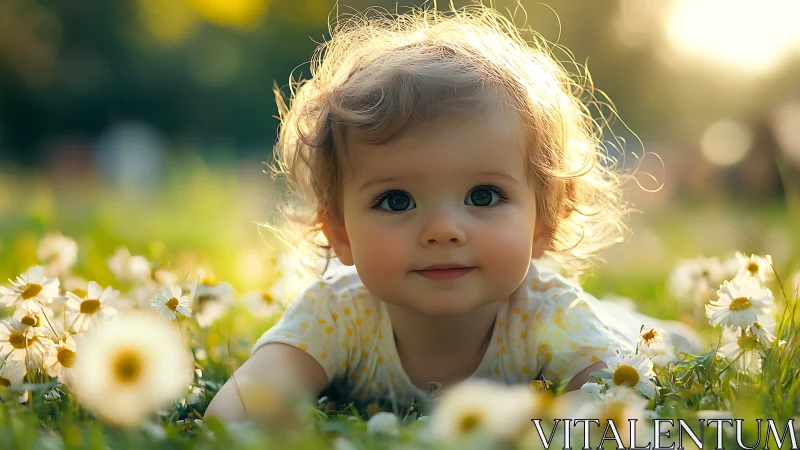 Toddler positioned among daisy flowers in outdoor garden setting