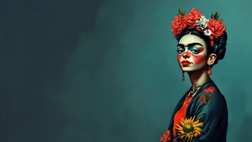 Digital portrait of floral crowned woman on teal ground.