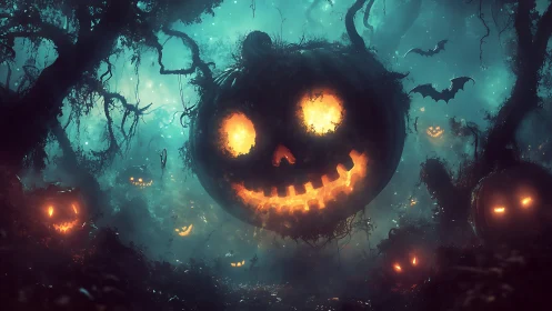 Bioluminescent jack o lantern swarm illuminates foggy haunted swamp