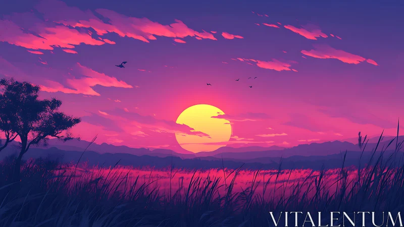 Digital landscape of sun over distant hills and wetlands.