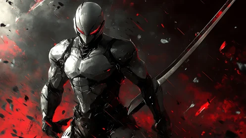 Armored cybernetic swordsman in red-lit debris cloud advances