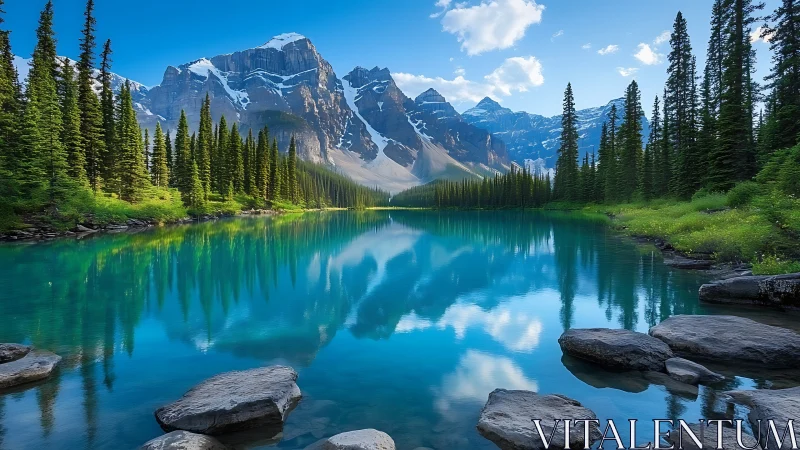 Turquoise mountain mirror cradled by pine-walled valley.