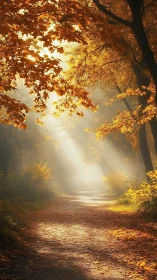 Sunlit forest path with golden autumn foliage and mist.