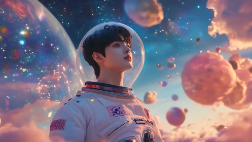 Young astronaut in stylized nebula cloud space environment.