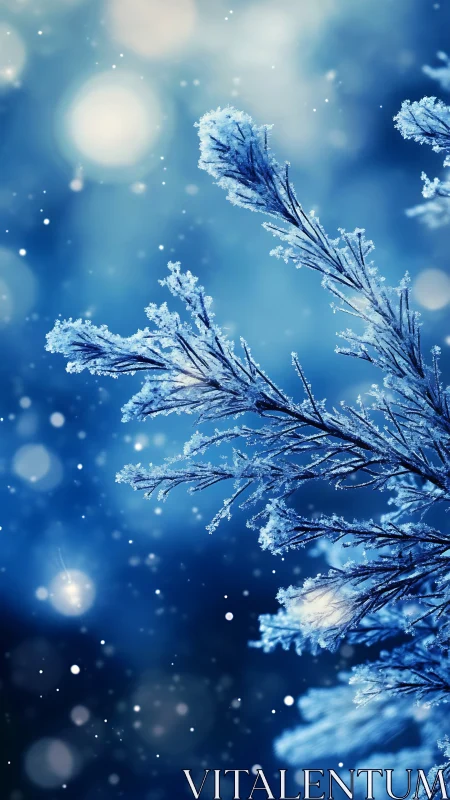 Frosted evergreen branches shimmer in soft winter bokeh.