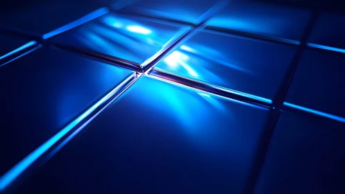 Futuristic blue glass tiles with glowing light reflections, digital art.