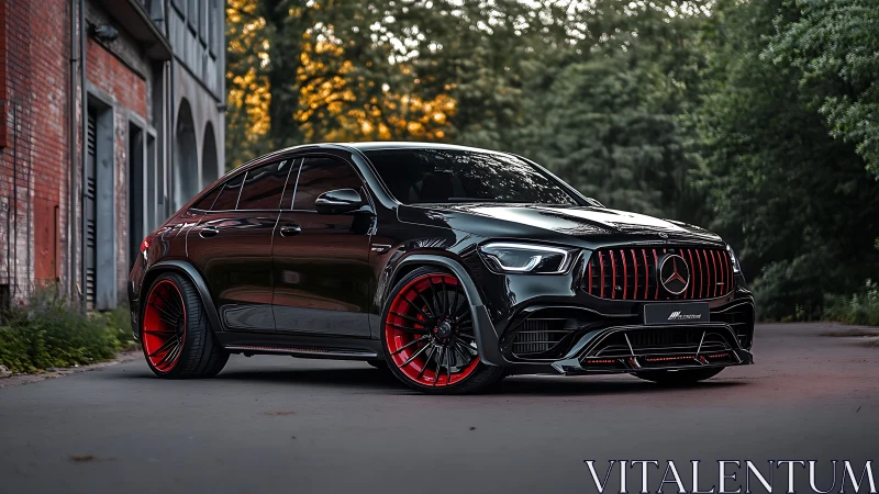 Black Mercedes SUV coupe with red accents on urban street.