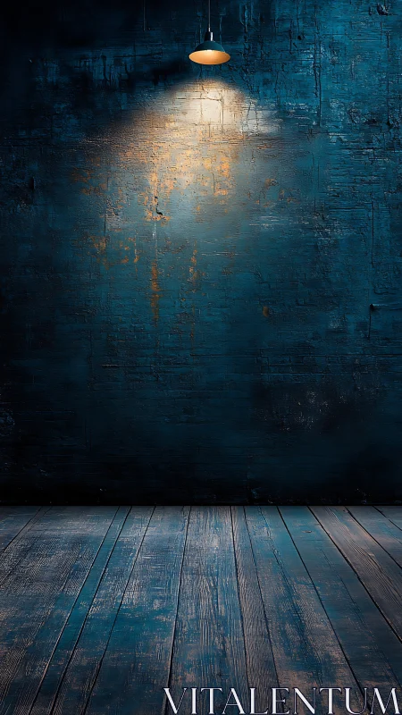 Overhead lamp illuminating textured blue wall and floor.