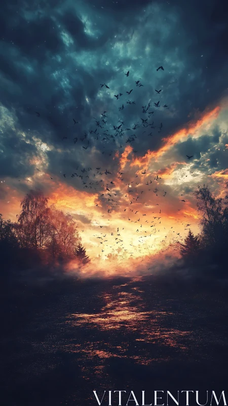 Volumetric dusk sky with flock dynamics over ember trail.