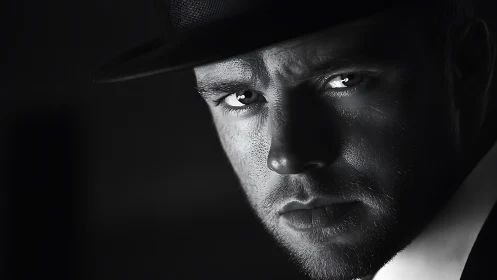 High-contrast noir portrait isolates a man’s intense gaze