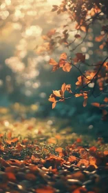 Autumn leaves on forest floor under soft morning backlight.