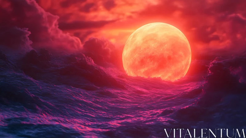 Crimson moonrise ignites neon tides beneath burning clouds.