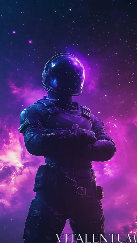 Neon astronaut silhouette against glowing cosmic nebula.