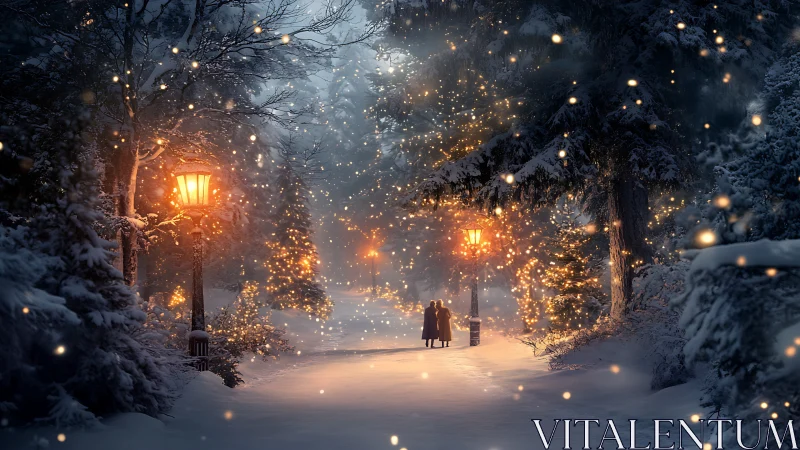 Snow-covered forest pathway is illuminated by warm lamplights