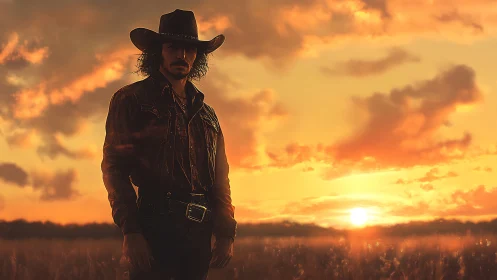 Lone cowboy in a glowing prairie sunset sky.