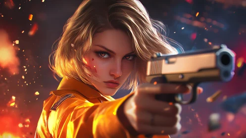 Blonde gunfighter in blazing cinematic showdown portrait.