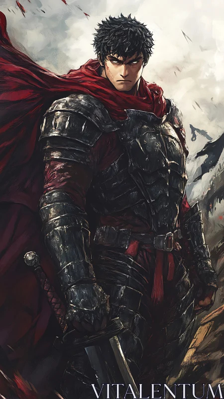 Armored swordsman stands in wind with red cloak flowing