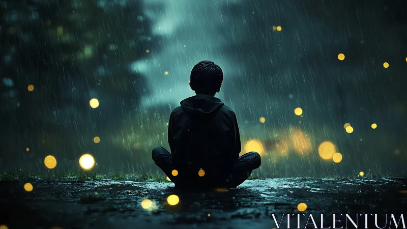 Backlit child in rain with shallow depth, bokeh firefly orbs glowing