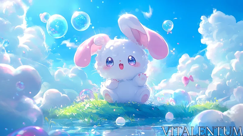 Cute cloud bunny under bubbles in bright anime sky.