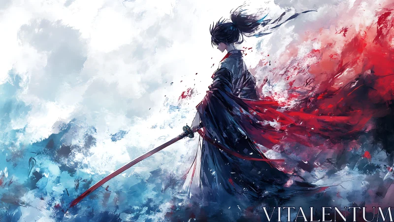 Storm-painted samurai draped in swirling crimson and ice.